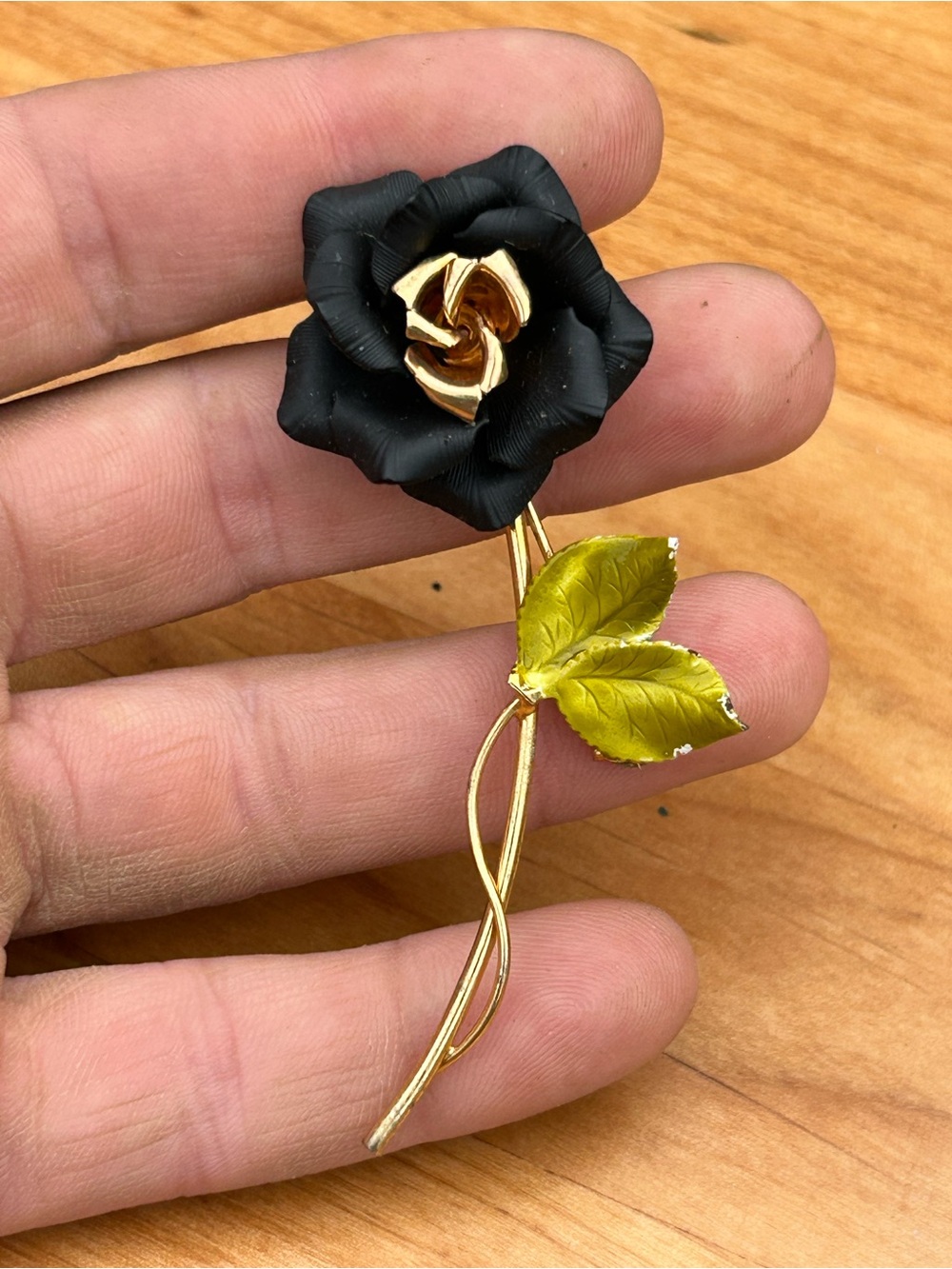 Vintage Black Rose Brooch Gold Tone Green Enamel Leaf Floral Pin 3.25 Inch